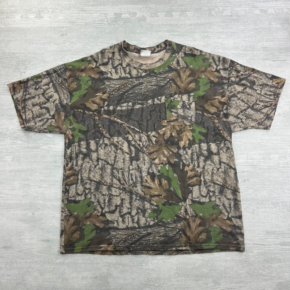 Vintage 90s Jerzees Camo Real Tree Pocket Shirt Size XXL Brown Cyber Grunge Hunt